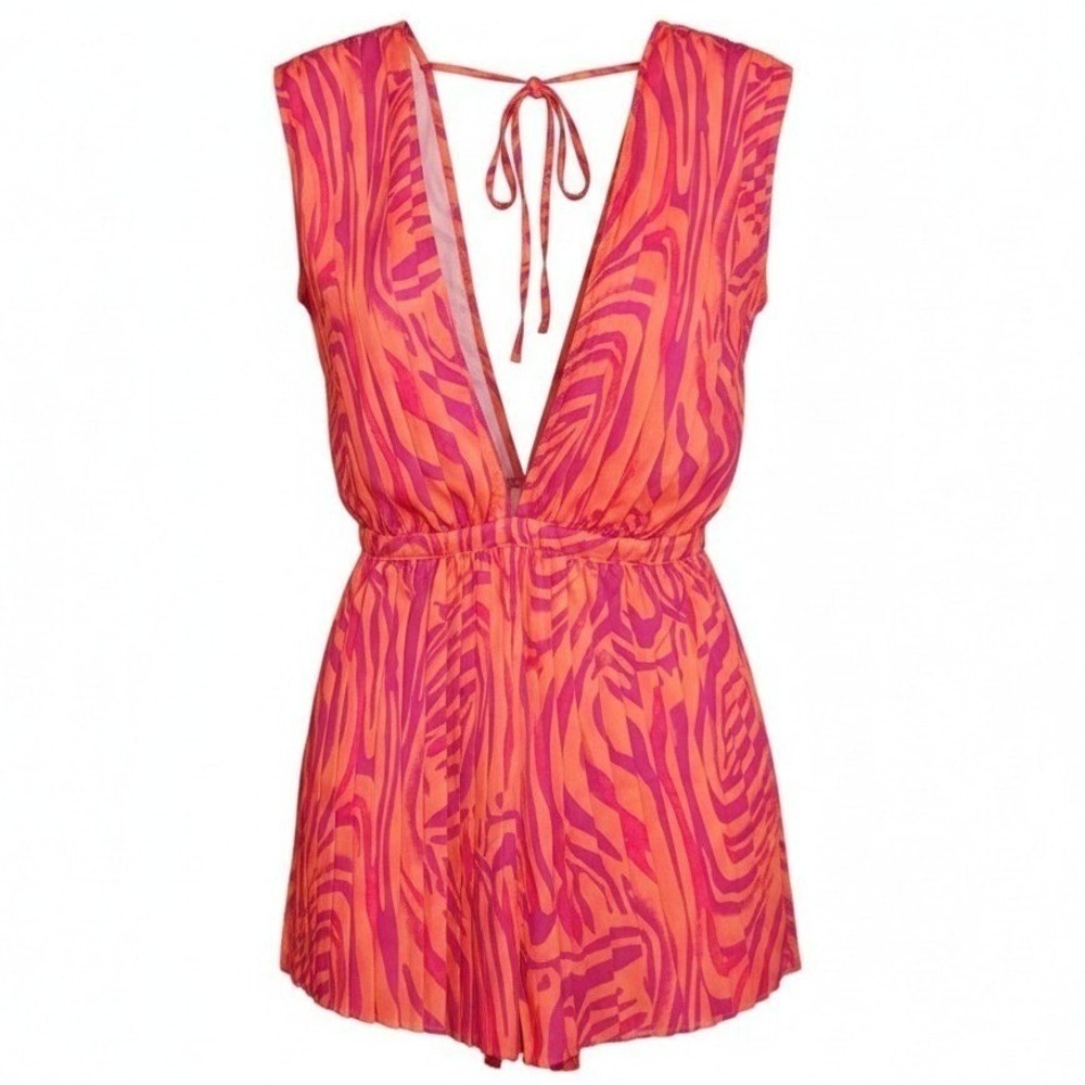 PrettyLittleThing Pink Orange Zebra Pleated Plunge Playsuit Romper UK 8 US 4 - Picture 2 of 6